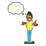 cartoon man shrugging shoulders with thought bubble N11