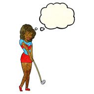 cartoon woman playing golf with thought bubble N8