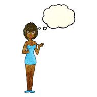 cartoon confused woman in cocktail dress with thought bubble N3