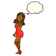 cartoon pretty woman in cocktail dress with thought bubble N4