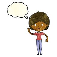 cartoon waving woman with thought bubble N55