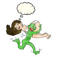 cartoon swamp monster carrying girl in bikini with thought bubbl N4