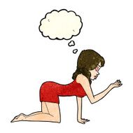 cartoon woman on all fours with thought bubble N8