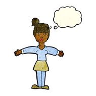cartoon woman shrugging shoulders with thought bubble N181