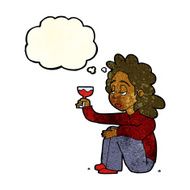 cartoon unhappy woman with glass of wine thought bubble N4