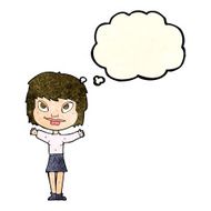 cartoon woman waving arms with thought bubble N8