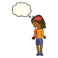 cartoon clever woman shrugging shoulders with thought bubble N4