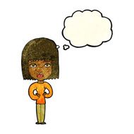 cartoon woman indicating self with thought bubble N4