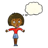 cartoon woman shrugging shoulders with thought bubble N182
