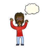 cartoon hippie man waving arms with thought bubble N4