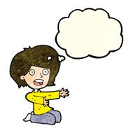 cartoon shocked woman on knees with thought bubble N4