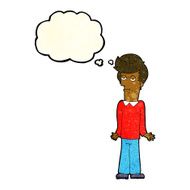 cartoon bored man shrugging shoulders with thought bubble N4