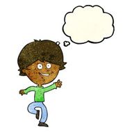 cartoon happy waving boy with thought bubble N8