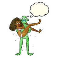 cartoon swamp monster carrying woman in bikini with thought bubb N2