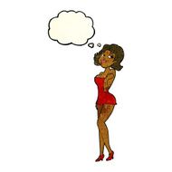 cartoon attractive woman in short dress with thought bubble N3