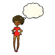 cartoon happy woman with hands on hips thought bubble N7