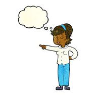 cartoon friendly woman pointing with thought bubble N4