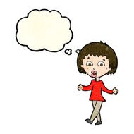 cartoon woman shrugging shoulders with thought bubble N183