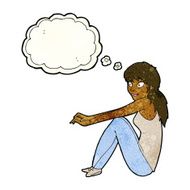 cartoon happy woman sitting with thought bubble N6