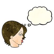 cartoon woman raising eyebrow with thought bubble N8