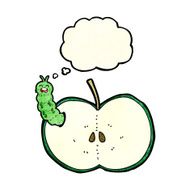 cartoon bug eating apple with thought bubble N8