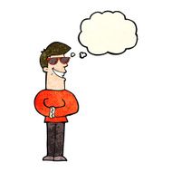 cartoon grinning man wearing sunglasses with thought bubble N3
