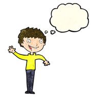 cartoon happy boy waving with thought bubble N8