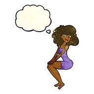 cartoon sitting woman in dress with thought bubble N4