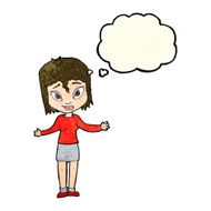 cartoon woman shrugging shoulders with thought bubble N184