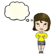 cartoon woman gesturing at self with thought bubble N11