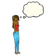 cartoon pretty woman shrugging shoulders with thought bubble N4