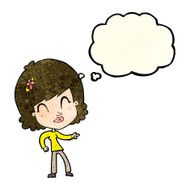 cartoon happy woman pointing with thought bubble N25