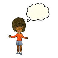 cartoon woman shrugging shoulders with thought bubble N185