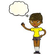 cartoon woman waving with thought bubble N127