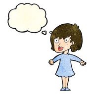 cartoon woman wearing dress with thought bubble N4