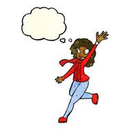 cartoon woman waving dressed for winter with thought bubble N4
