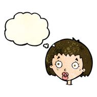 cartoon surprised female face with thought bubble N24
