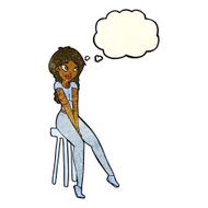 cartoon pretty girl on stool with thought bubble N4