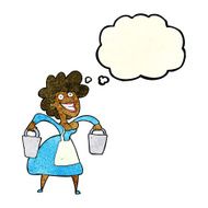 cartoon milkmaid carrying buckets with thought bubble N4