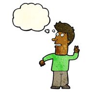 cartoon man making peace sign with thought bubble N4