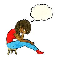 cartoon woman sitting on small stool with thought bubble N4