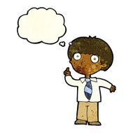 cartoon school boy with question thought bubble N4