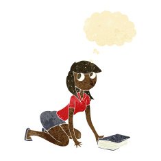 cartoon girl picking up book with thought bubble