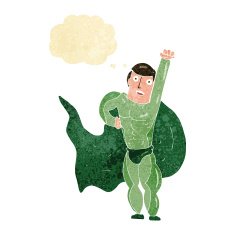 cartoon superhero with thought bubble N2