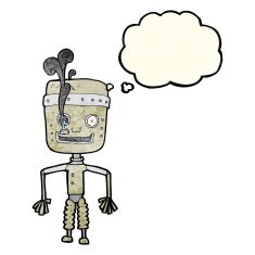 cartoon malfunctioning robot with thought bubble N2