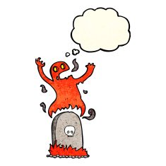 cartoon ghost rising from grave with thought bubble N7
