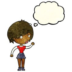 cartoon waving woman with thought bubble N31