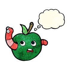 cartoon worm in apple with thought bubble N2