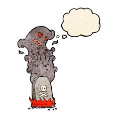 cartoon haunted grave with thought bubble N2