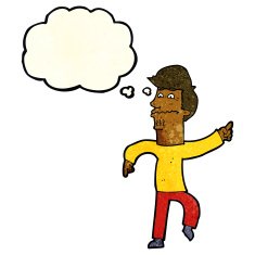 cartoon worried man pointing with thought bubble N7